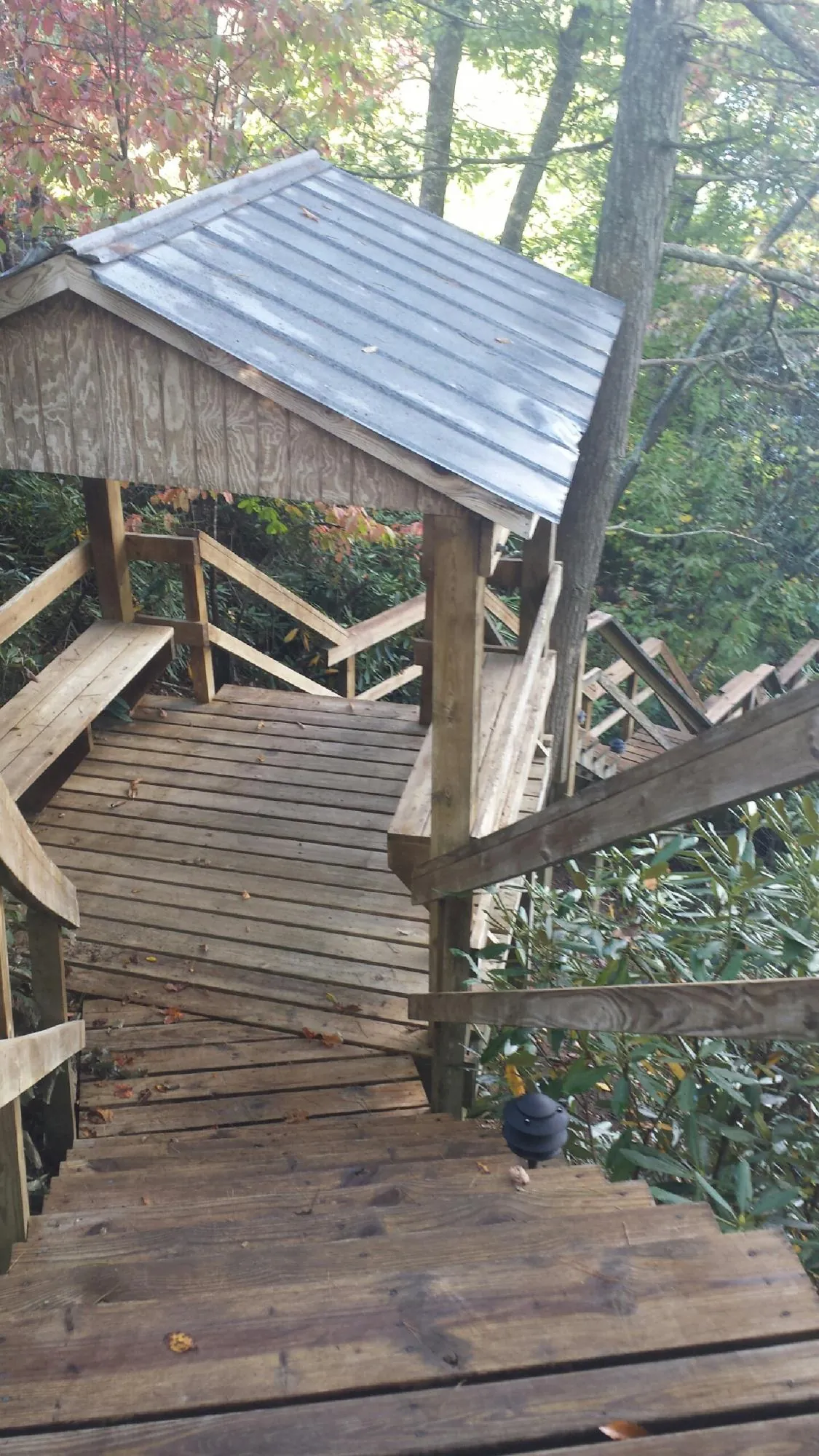 Metal roofed shelter over wooden steps on a wooded walkway — Skylight Repair & Installation work by our crew in Spicewood